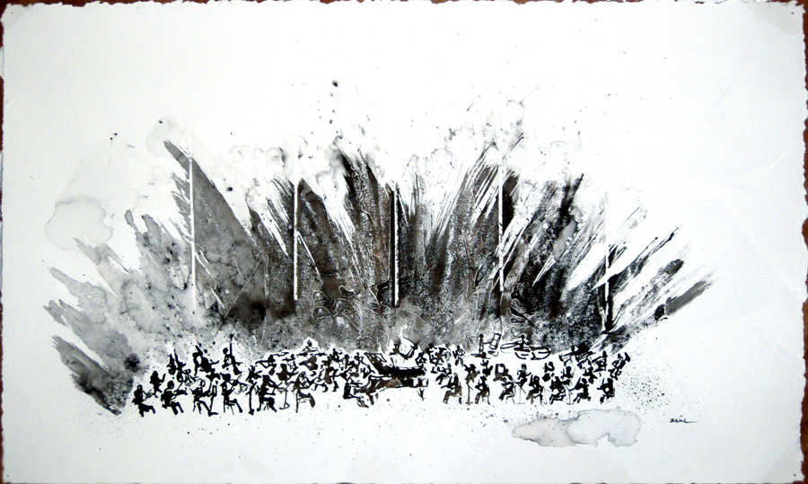 Brahms' Piano Concerto B Flat Opus 83 Ink & Wax on Paper 12 x 20 in